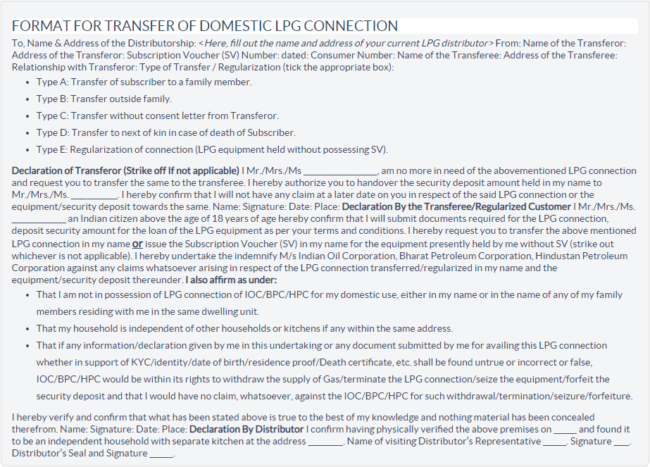 Procedure for Regularization or Change in name for an LPG Gas Connection