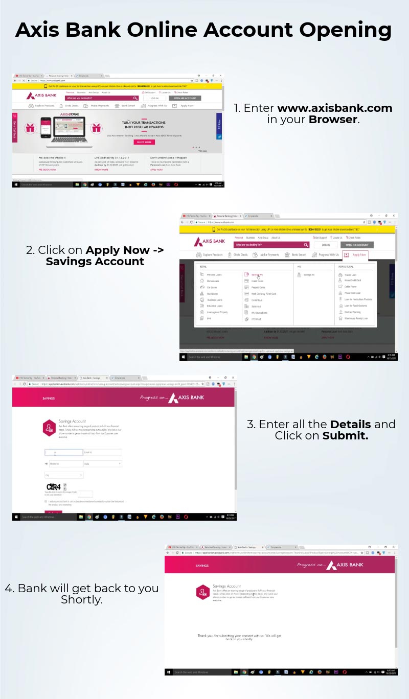 
                        1.  Enter www.axisbank.com in your Browser.
2.  Click on Apply Now -> Savings Account.
3.  Enter all the Details and Click on Submit.
4.  Bank will get back to you shortly.
                        