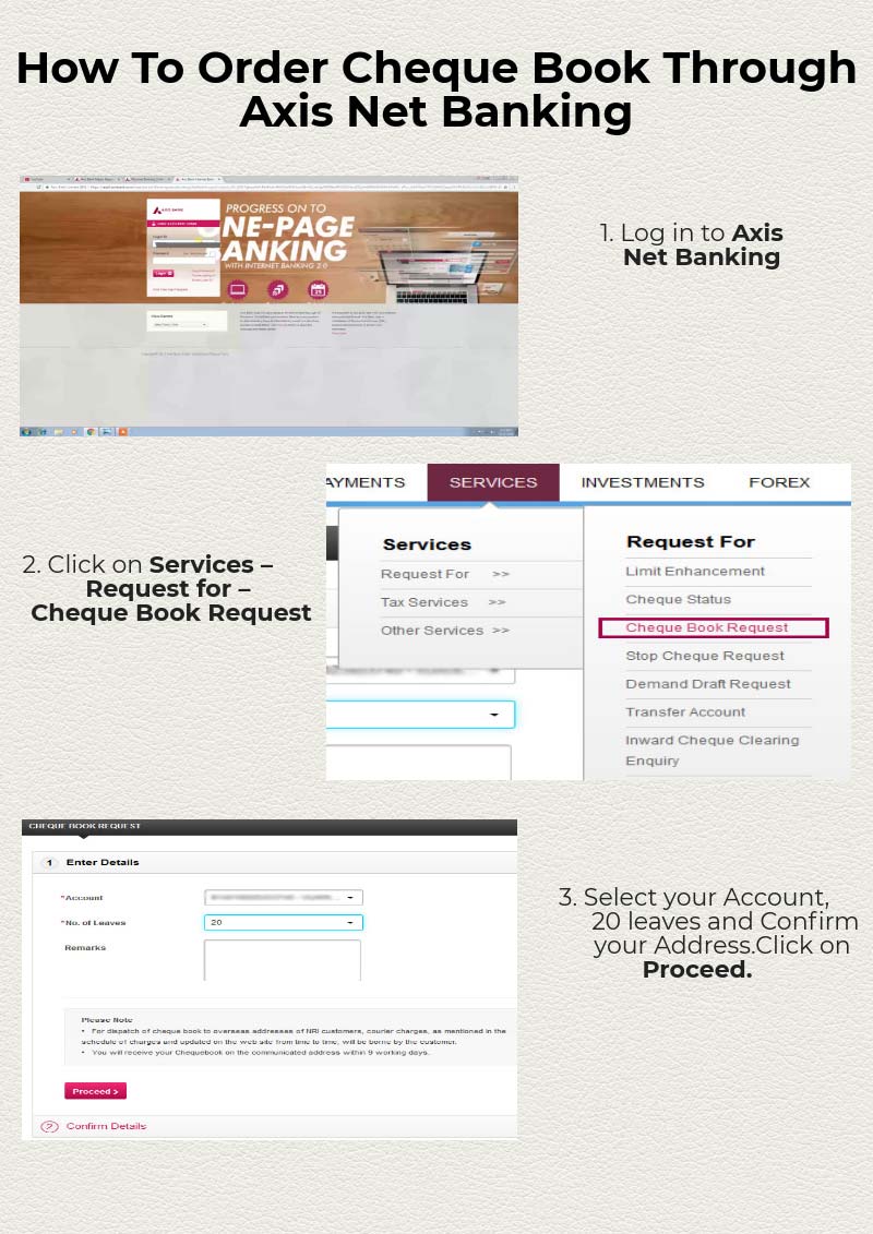 
                        �   Log in to Axis Net Banking.
                        �   Click on Services � Request for � Cheque Book Request.
                        �   Select your Account, 20 leaves and Confirm your Address. Click on Proceed.
                        