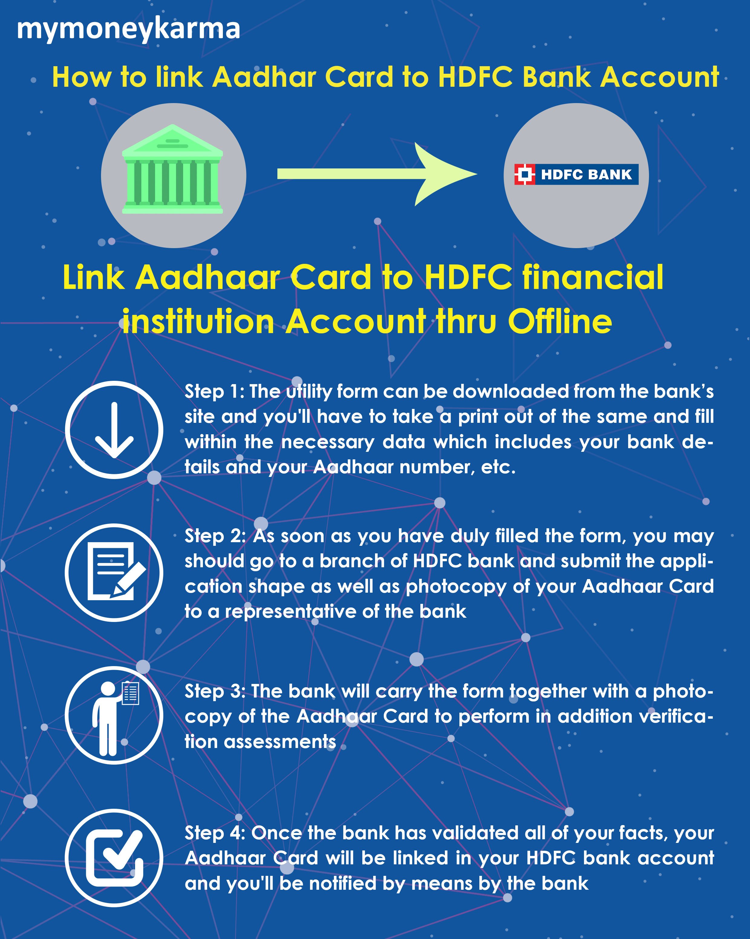 Step 1: The utility form can be downloaded from the bank’s site and you'll have to take a print out of the same and fill within the necessary data which includes your bank details and your Aadhaar number, etc.
                        Step 2: As soon as you have duly filled the form, you may should go to a branch of HDFC bank and submit the application shape as well as photocopy of your Aadhaar Card to a representative of the bank
                        Step 3: The bank will carry the form together with a photocopy of the Aadhaar Card to perform in addition verification assessments
                        Step 4: Once the bank has validated all of your facts, your Aadhaar Card will be linked in your HDFC bank account and you'll be notified by means by the bank