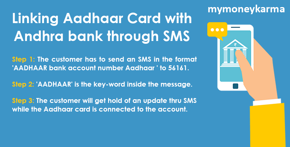 The customer has to send an SMS in the format 'AADHAAR bank account number Aadhaar ' to 56161.
                    'AADHAAR' is the key-word inside the message.
                    The customer will get hold of an update through SMS while the Aadhaar card is connected to the account.