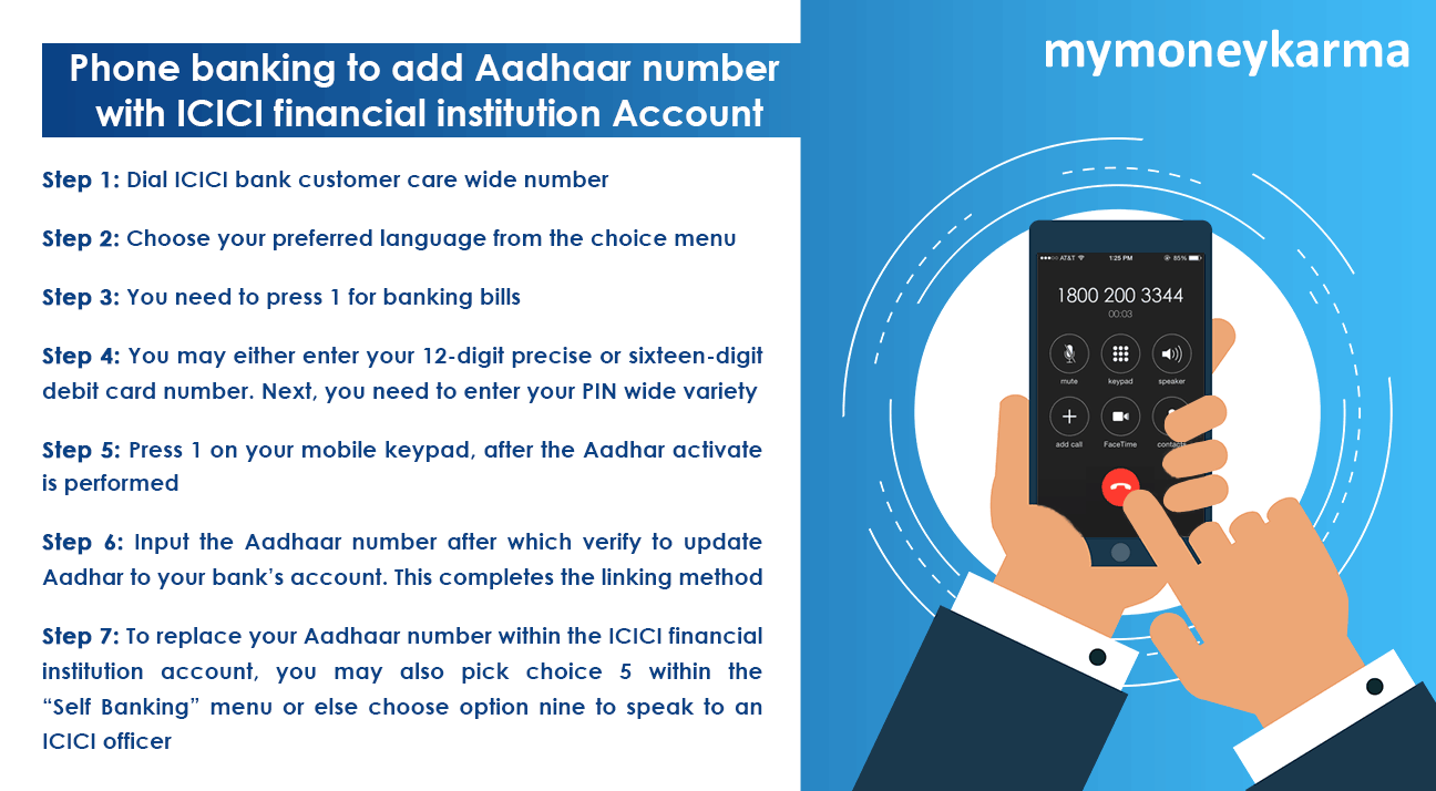 Step 1: Dial ICICI bank customer care number
                        Step 2: Choose your preferred language from the choice menu
                        Step 3: You need to press 1 for banking bills
                        Step 4: You may either enter your 12-digit account number or 16-digit debit card number. Next, you need to enter your PIN
                        Step 5: Press 1 on your mobile keypad after the Aadhaar activation is performed
                        Step 6: Enter the Aadhaar number, after which, verify it to update Aadhaar info in your bank account details. This completes the linking process.
                        Step 7: To replace your Aadhaar number within the ICICI bank account, you may also choose 5 within the “Self Banking” menu or else choose option 9 to speak to an ICICI officer